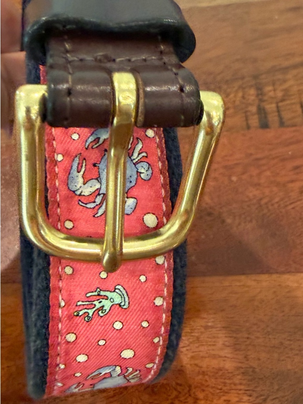 Vineyard Vines Navy and Pink Webbing Belt with Brown Leather Trim Crab size 28